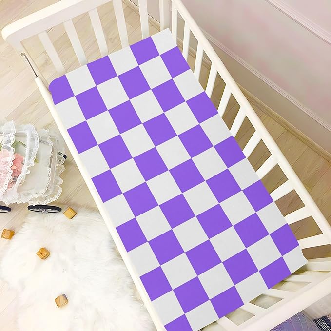 Baby Crib Sheet Purple Checkerboard Crib Mattress for Boys and Girls Playard Sheet Soft Breathable Fitted Baby Mattress Cover 52x28in