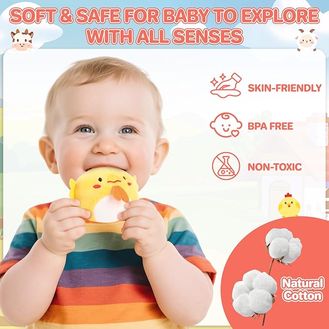 deAO Baby Toys Soft Barn Toy Plush Farm Animal Playset with Rattle, Crinkle Paper Mirror for Babies Sensory Toy for Newborn Infant Boy Girl Age 18+ Months Birthday Gifts