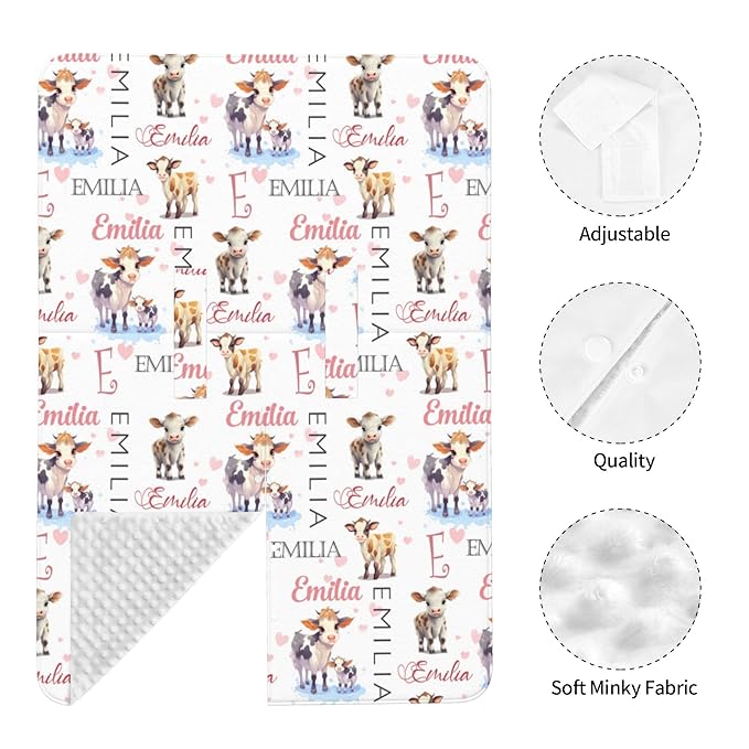 Custom Baby Car Seat Canopy Personalized Car Seat Covers with Name for Baby Boys Girls Customized Cow Nursing Breastfeeding Cover Infant Carseat Canopies Newborn Minky Baby Blanket