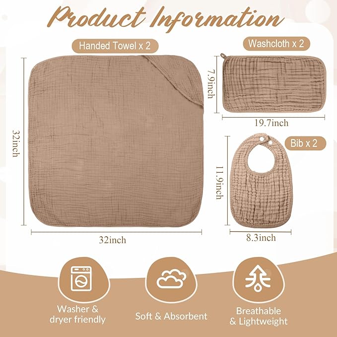 Hahafelt 6 Pcs Muslin Hooded Bath Towels Washcloths and Bibs Set, Muslin Cotton Baby Towels Absorbent Hooded Blanket Towel Infant Bibs for Boys Girls Newborn Infant Essential(Dark Brown, Khaki)