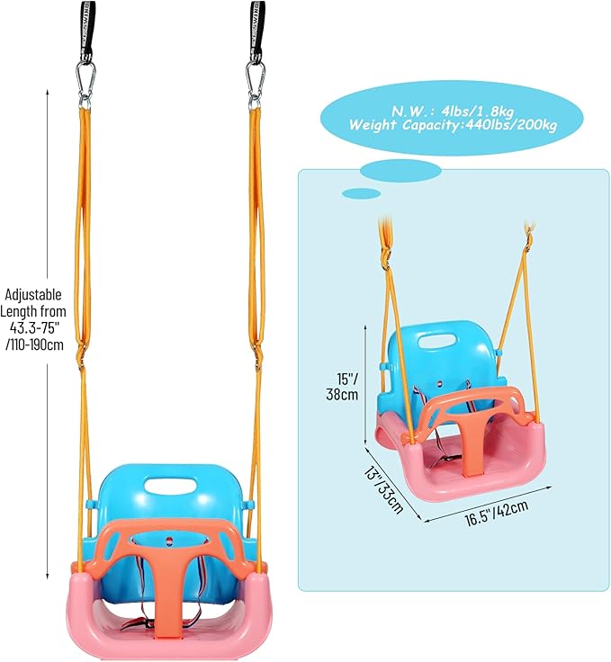 RedSwing 3-in-1 Baby Swing Seat, Toddler Swings, Anti-Flip Snug & Secure Detachable Infants to Teens Kids Swing Seat for Outside Playground, Pink Orange Blue
