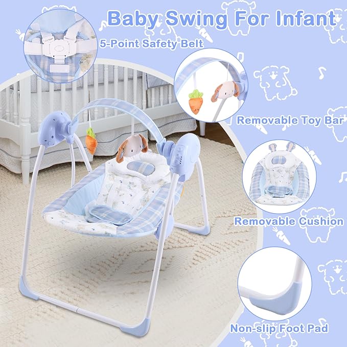 Baby Swing for Infant,Newborn Swing with Music,5 Speed Levels,Timing Setting,Soft Cushion,Foldable Infant Swing for Indoor Outdoor Use 0-9 Months