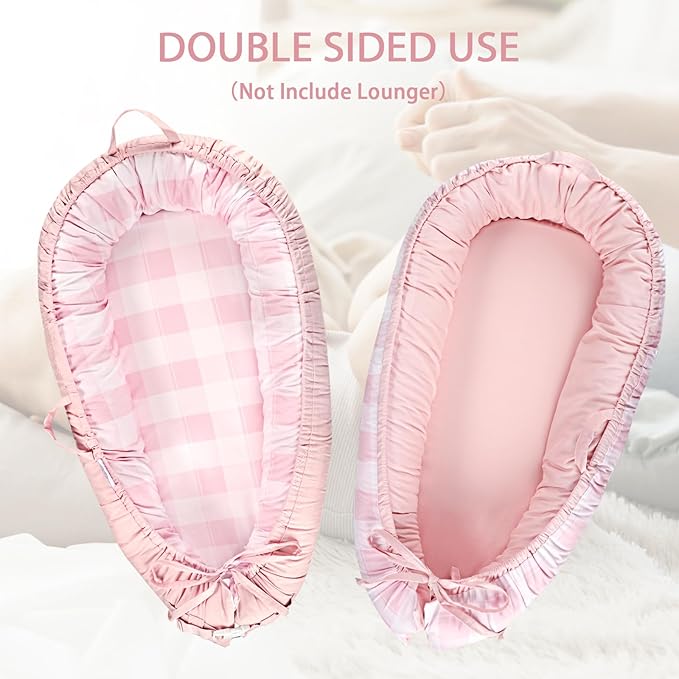 DILIMI Baby Lounger Cover, Cotton Baby Nest Replacement Cover for Girls Boys, Soft Breathable Reversible Newborn Lounger Cover, Pink Checkered (Only Cover)