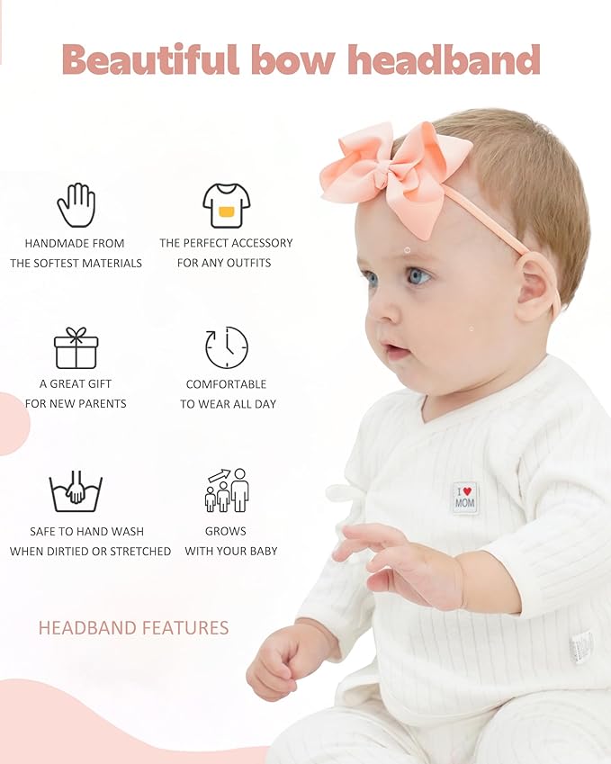 jollybows 40pcs 4inches Baby Girls Grosgrain Ribbon Hair Bows Headbands Nylon Elastic Hair Band Hair Accessories for Infants Newborn