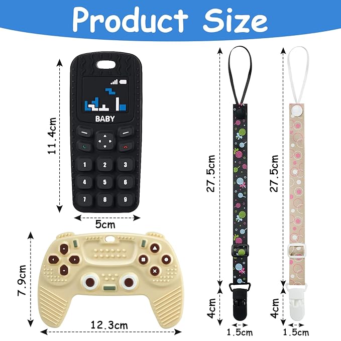 2PCS Silicone Baby Teething Toys, Game Controller Teething Toys and Phone Teething Toys with 2PCS Pacifier Clip,BPA Free Silicone Baby Controller Teething for 3+ Months,Frozen Chew Toy(Black&Beige)