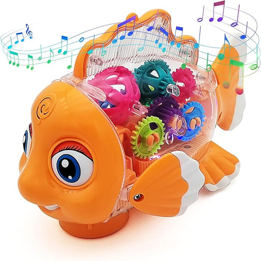 Tipmant Cute Electric Fish Toy Electronic Goldfish Animal Vehicle Car Auto Driving, Transparent Gears, Music, Luminous Lights, Baby Toddler Kids Birthday Gifts