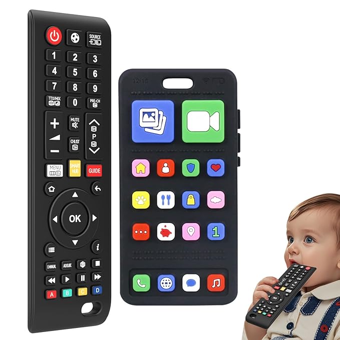 Baby Silicone Teething Toys for Babies 0-6 Months,Phone and Remote Teether Toys for Toddlers 6-12 Months,2 Pack Teether Toys Sensory Toys for Babies,Baby Chew Toys for 6-12-18 Months