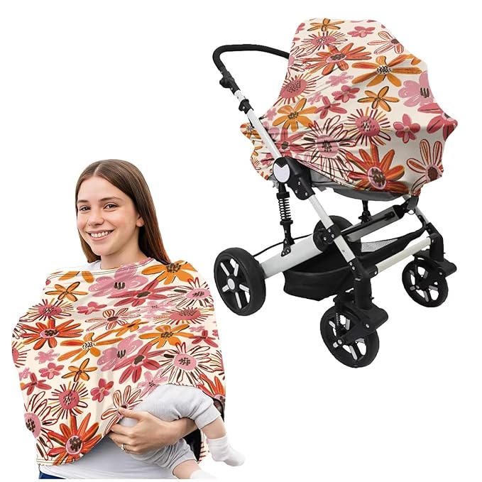 Hippie Floral Blossoms Car Seat Cover and U Shaped Pillow Cover Set of 2 Piece Strechy 5-in-1 Adjustable Car Canopy Breastfeeding Covers Nursery Breathable Nursing Cover-Up