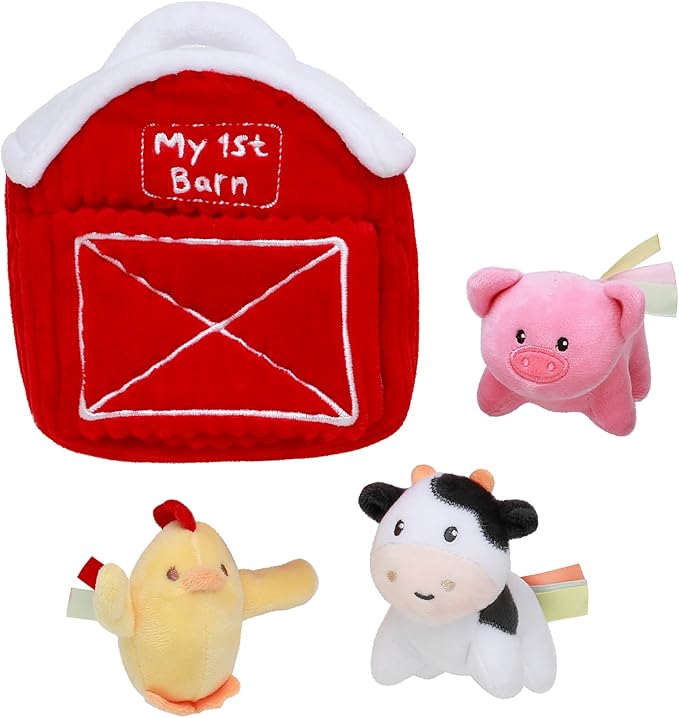 4 Piece Plush My First Barn Play Set with Sensory Toys for Baby, Red Farm Animals, 6 inch, Chicken, Pig, Cow