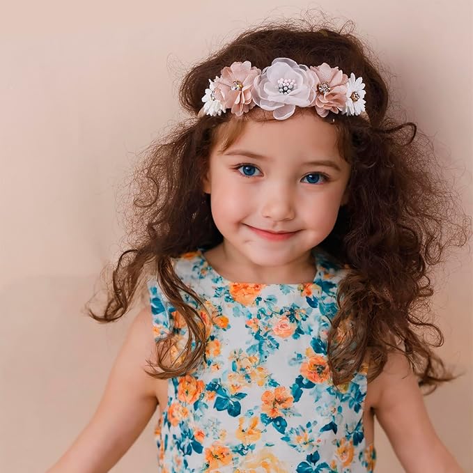 Baby Girl Flower Headbands and Bows, Stretchy Soft Nylon Floral Crown, 3pcs Handmade Hair Accessories for Newborn Infant Toddler