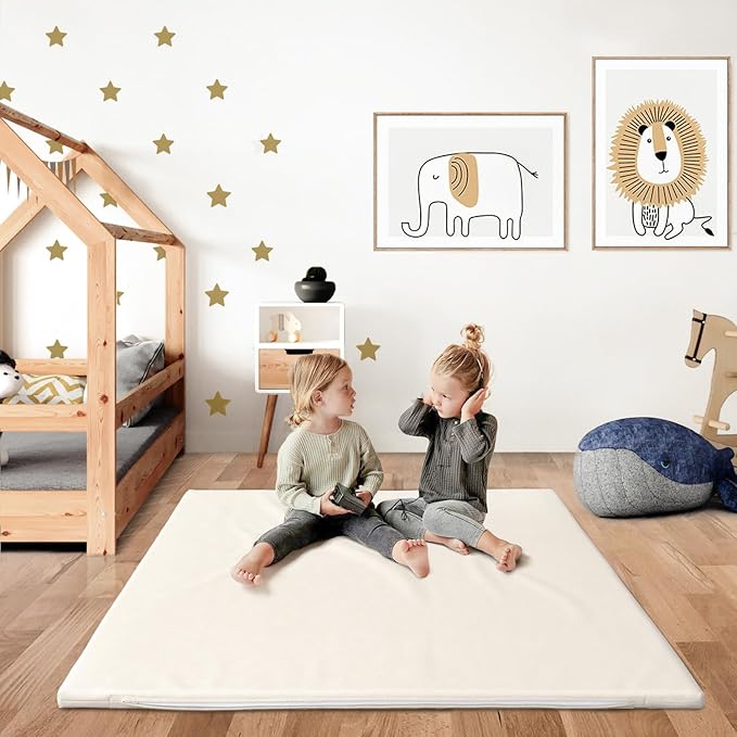 Padded Baby Play Mat - Thick Play Mat for Baby - Super Soft Non Toxic Vegan Leather Mat for Baby Girls and Boys Play on Floor - 50 x 50 Playpen Mat -Wipeable Tumbling Crawling Mat for Baby