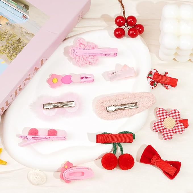 Hair Clips for Girls 20 Pcs Assorted Barrettes for Kids Cheery Bows Heart Pink Red Cute Hair Accessories for Little Girls Teens Toddlers Child Kids Gifts