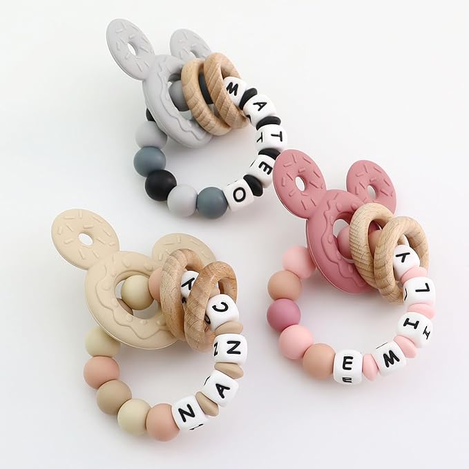Personalized Baby Teether with Name - Custom Mouse Silicone Teether & Natural Wooden Ring for Boys & Girls - Handmade Unique Baby Shower Gift for Infants & Toddlers (Pink)