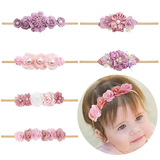 Baby Girl Flower Headband 6 PCS Elastic Hairbands Handmade Nylon Bows Headbands Chic Floral Hair Accessories Kids Gifts for Newborn Infant Toddlers