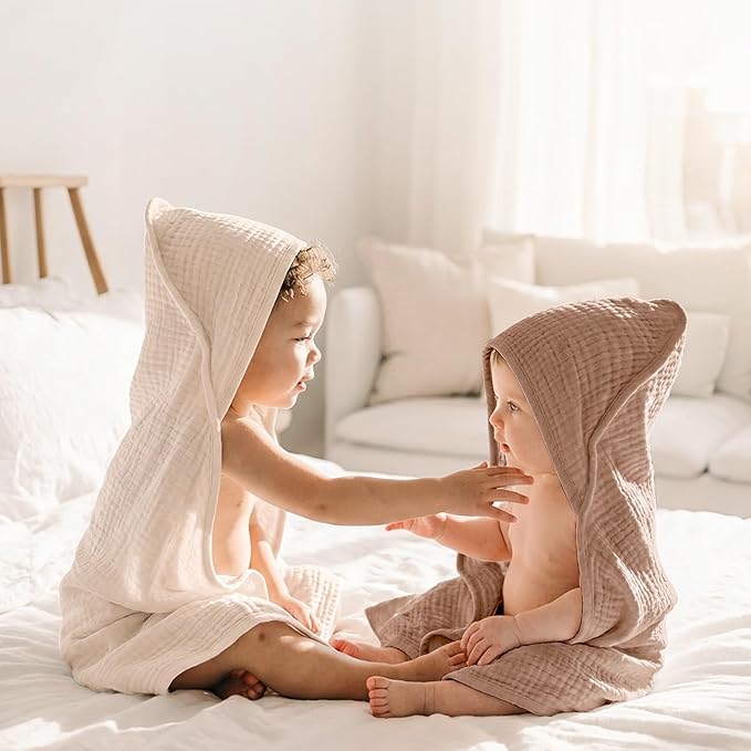 Konssy 2-Pack Muslin Hooded Baby Towels, 100% Cotton, Ultra-Soft & Absorbent Baby Bath Towels with Hood for Newborn & Infant (Cream, Camel,32" x 32")