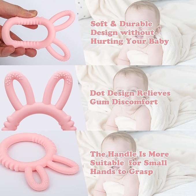 MISSLILI Silicone Babies Teethers Baby Teething Toys for Soothe Massage Sore Gums for 3-12 Months Infants, BPA Free, Easter Gifts for Boys and Girls, Ring Shape Rabbit Ear Design (Pink)