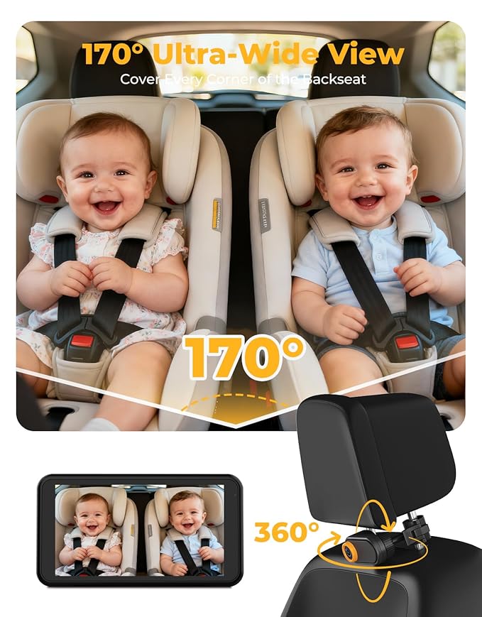Luckview BM2A Baby Car Camera, Night Vision & 5.2" 1080P Display for Rear-Facing Car Seats, Easy No-Damage Install, Patented Anti-Shake Mount – Ideal for Parents and Pet Owners