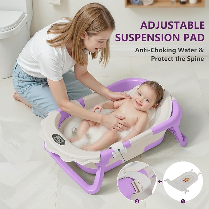 MoreFeel Foldable Baby Bathtub with Thermometer - 4-in-1 Grow-with-Me Collapsible Infant Tub (Newborn to Toddler) with Adjustable Mesh Sling - Space Saving Design