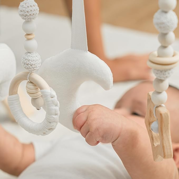 Comfy Cubs Wooden Baby Play Gym - Natural Finish Pinewood Baby Activity Gym with 5 Sensory Hanging Toys - Easy No-Tool Assembly, Safe and Durable for Infant Motor and Visual Development - Natural Wood