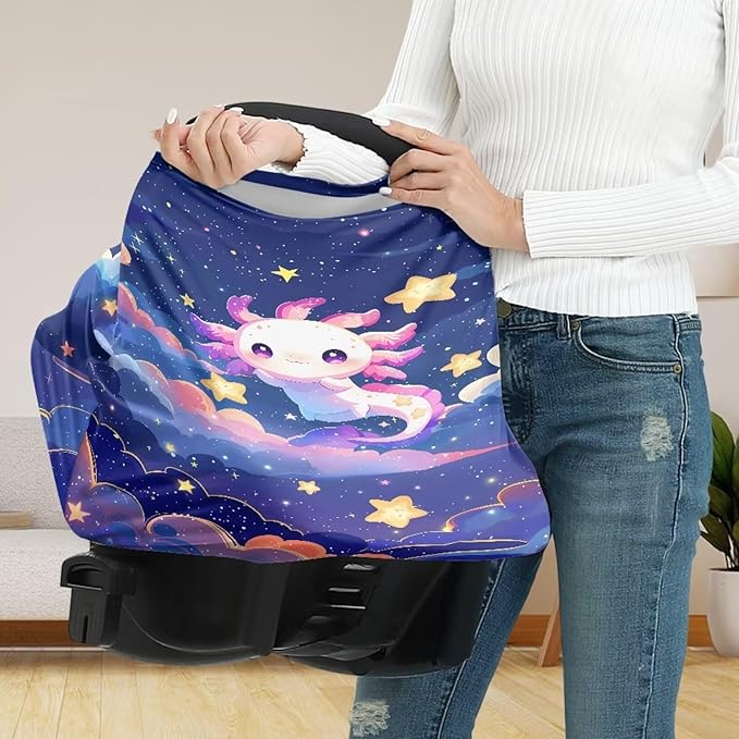 Biyejit Carseat Cover Girls, Multiuse - Nursing Breastfeeding Covers Car seat Canopy, Stretchy Soft Breathable-Starry Night Axolotl