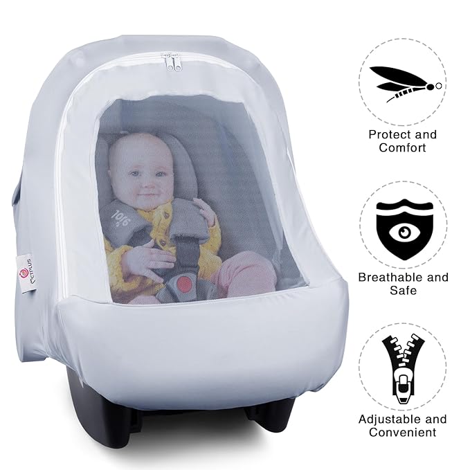 Metplus Car Seat Cover, Breathable Mesh Window Infant Carseat Canopy for Baby Boys & Girls, Summer Stroller Sunshade Net for Airflow & Privacy, Stretchy Universal Fit