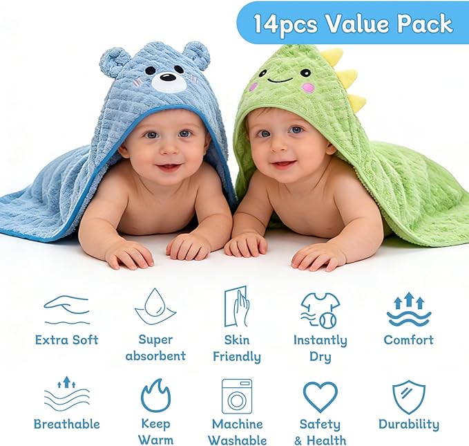 14 PCS Baby Bath Towels Set, 4 PCS Animal Hooded Baby Towels & 10 PCS Washcloths, Ultra Soft & Absorbent Newborn Bath Towels for Infants Toddlers