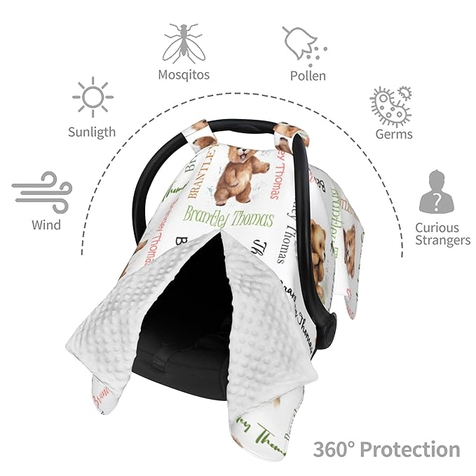 Personalized Baby Car Seat Canopy Minky Bear Baby Blanket Custom Name Baby Car Seat Cover Girls Boys Infant Newborn Carseat Canopy Nursing Cover for Stroller Car Seat Canopies