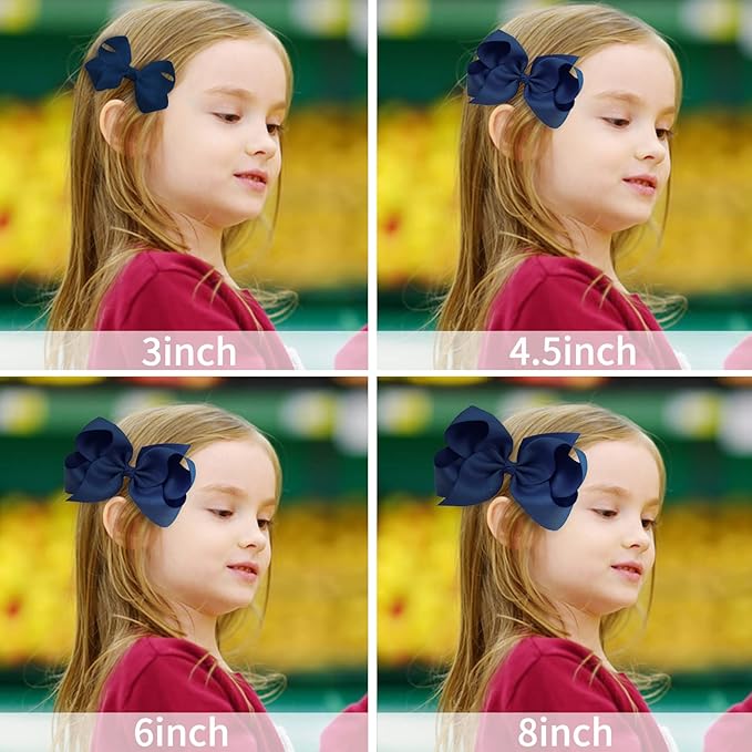 Oaoleer 8PCS Hair Bows for Girls Navy Blue Grosgrain Ribbon Boutique Bow Alligator Clips Hair Accessories for Toddlers Little Girls Kids (8inch, 6inch, 4.5inch, 3inch in Pair)
