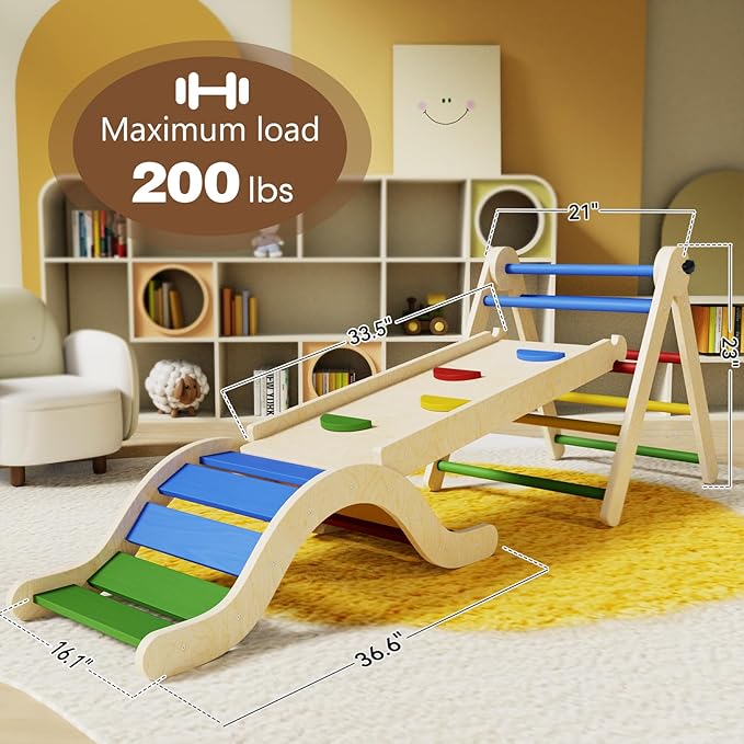 doowroodni Pikler Triangle Set 7in1 Toddler Climbing Toys Indoor Foldable Baby Climbing Toys Wooden Montessori Climbing Set with Arch, Ramp, Ladder for 1-3 Years, Jungle Gym for Kids Colored