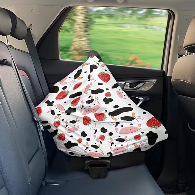 Wanyint Cow Strawberry Print Stretchy Nursing Scarf Car Seat Canopy Baby Car Seat Cover, Baby Breastfeeding Stroller High Chair Shopping Cart Cover, Breathable Nursing Cover for Boys Girls