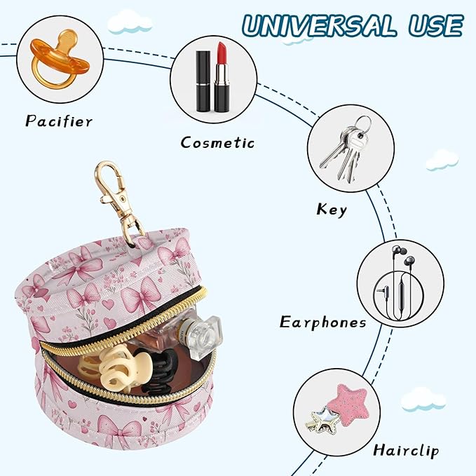 Pacifier Case with Hook Pink Bows Flower Pattern Pacifier Holder Pod Easily Attaches to Diaper Bag or Purse