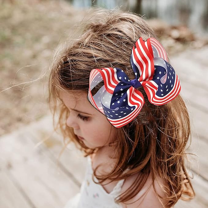 Usa Bows for Girls,6PCS Hand-made Grosgrain Ribbon Hair Bows Alligator Clips Hair Accessories for Little Teen Toddler Girls Kids (Red White Blue)