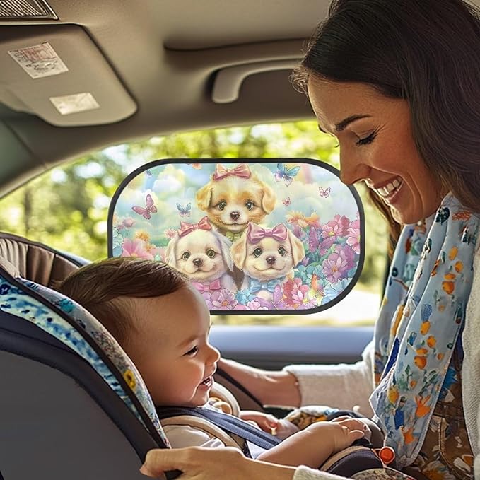 Bulopur 2 PCS Car Window Shades for Side Window UV Protection Floral Dog Puppy Side Window Sunshade Easy to Install Mesh Car Windshield Covers Universal Auto Interior Accessories Decoration