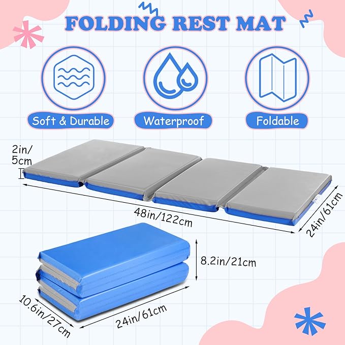 Marsui Folding Kids Nap Mats for Preschool Daycare 4 Section Folding Rest Mats Daycare Sleeping Mat for Kid 2 Inch Thick Portable Resting Floor Sleep Mat Baby Changing Pad for Kindergarten(Blue,Gray)