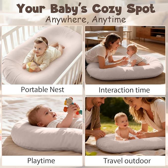 Extra Large Baby Lounger for Newborn & Infant, Pure Cotton Infant Lounger with Thick Support Filling & Removable Envelope Cover, Portable Baby Nest for Supervised Play
