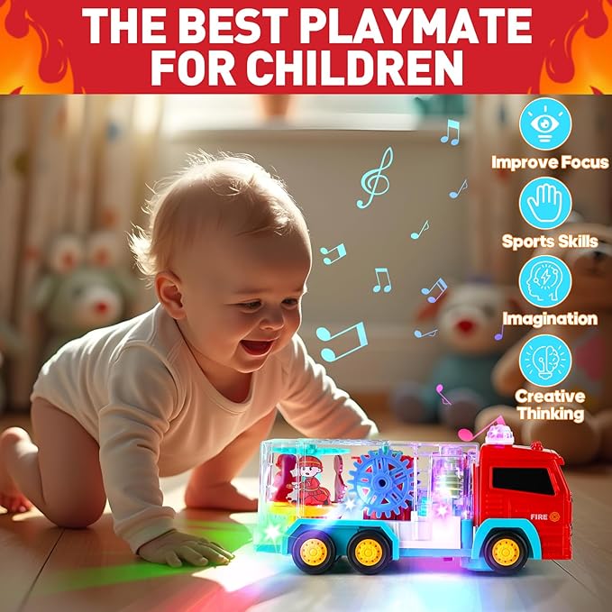 Fire Trucks for Toddlers 3-5, Light Up Sensory Car Toy for Kids, LED Transparent Bump Car with Rotating Gear, Cool Lights and Musical, Educational Crawling Toy for Baby, Birthday Gift for Boys Girls