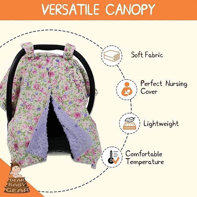 Dear Baby Gear Floral Baby Car Seat Canopy with Snap Button Opening - Newborn & Toddler Carseat Cover - Nursing Covers - Infant Chair Essentials (Lavender Pink Floral & Dot, 40" x 30")