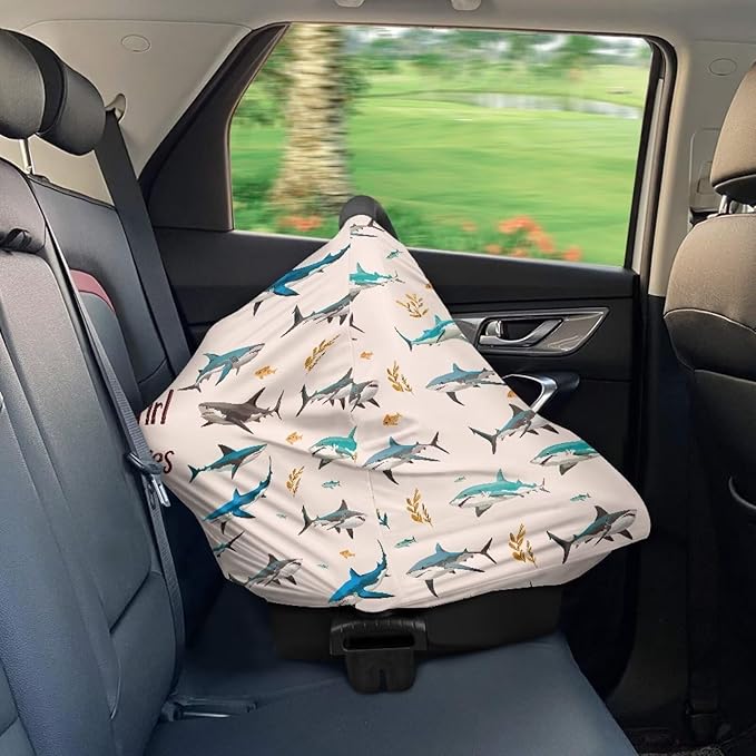 AFPANQZ Shark Print Baby Car Seat Covers Winter Cozy for Girls Boys Multifunctional Infant Car Seat Canopy Nursing Cover High Chair Cover Full Coverage Breathable Stretchy