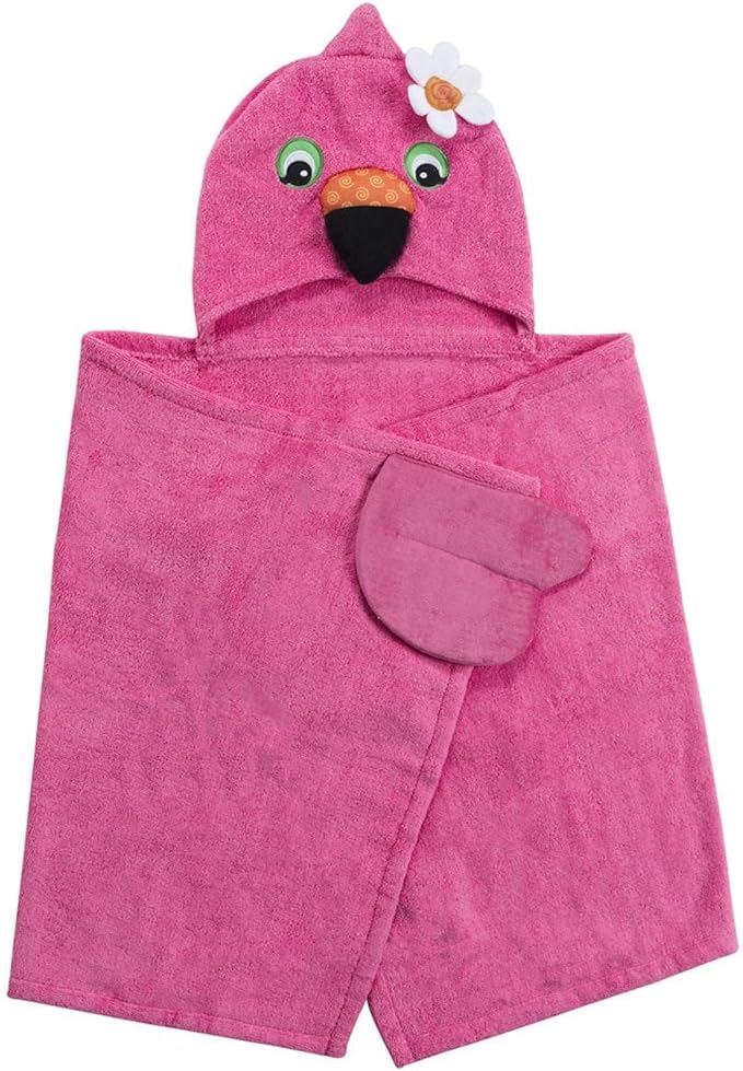 ZOOCCHINI Hooded Bath Towel for Kids 100% Cotton Terry, Plush & Absorbent for Bathtime or Pool, 50" x 22" 2-6 Years, Franny the Flamingo