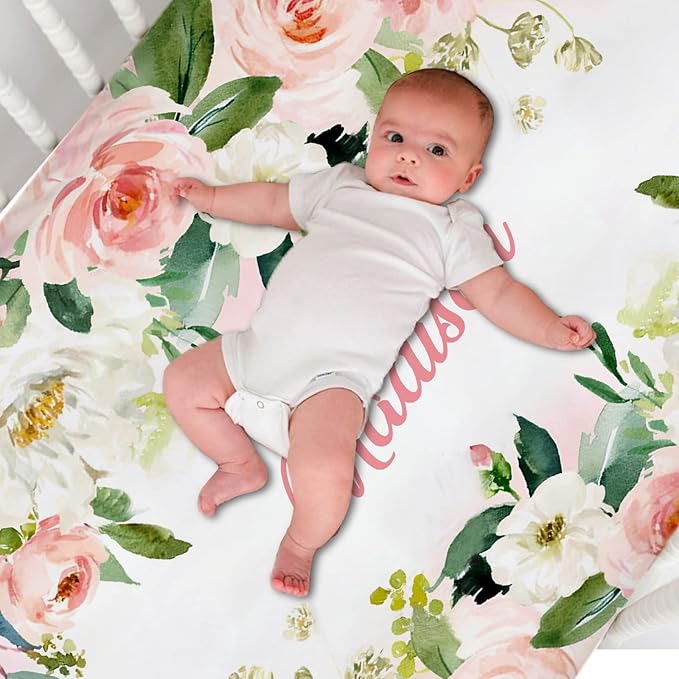 Personalized Pack 'n Play Sheets - Custom Baby Mini Crib Sheets for Girls, Fitted Sheet with Custom Name, Soft and Breathable Floral Rose Material