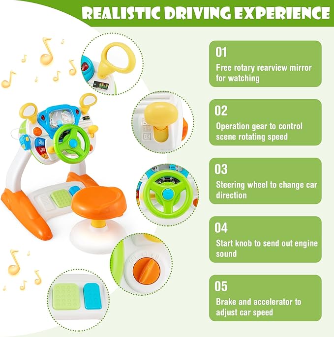 Costzon Steering Wheel Toy, Pretend Play Driving Simulated Toy w/Light and Music, Cyclic Rotary Scene, Siren Sounds, Walkie-Talkie, Stool, Interactive Learning Educational Toy for Toddler Boys Girls