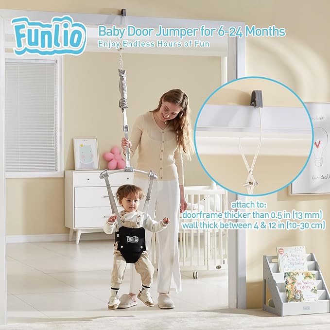 FUNLIO Baby Door Jumper for 6-24 Months (with Door Clamp), Baby Jumper Doorway with Strong Spring & Adjustable Strap, Portable Infant Baby Bouncer, Bearing 40 Lbs, CPC & CE Certified-Black