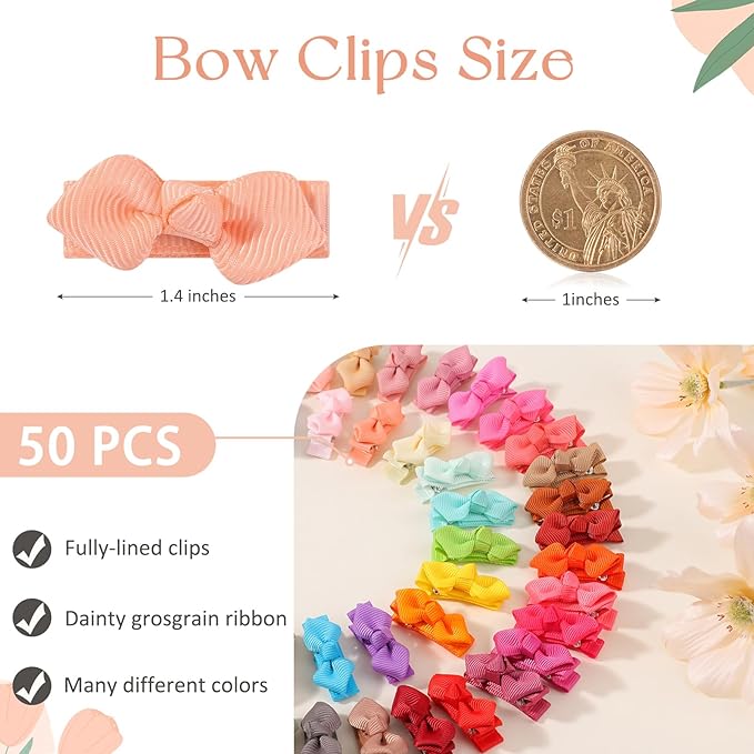 choicbaby 100pcs Baby Hair Bow Clips 1.4" Tiny Grosgrain Ribbon with Fully Lined Alligator Clips Small Toddler Bow Hair Accessories for Baby Girls Infant Toddler Kids