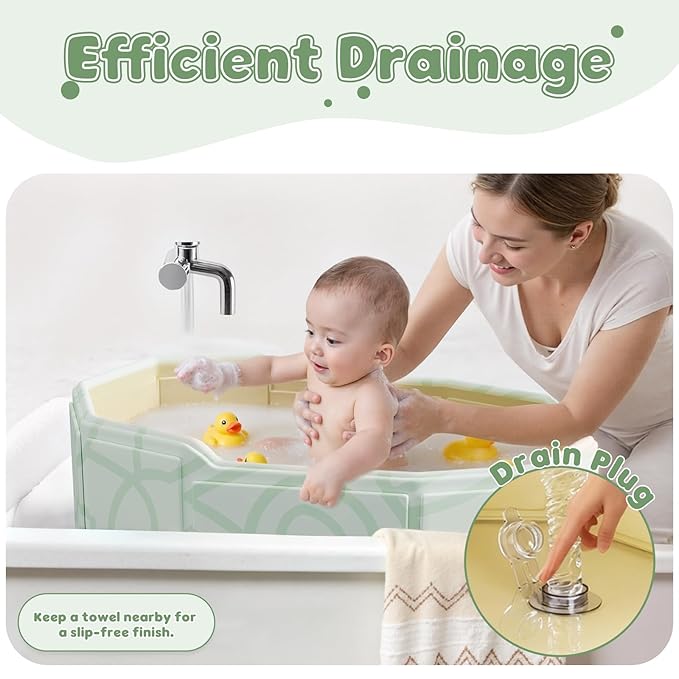 Collapsible Baby Toddler Bathtub for Shower, Portable Foldable Toddler Bath Tub with Non-Slip Base, Compact Travel Essentials for Kids & Infants, Easy Storage in Small Spaces, Green