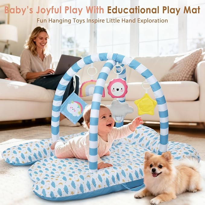 7-in-1 Baby Play Mat & Activity Gym, 0-12 Months Multi-Use Play Center with 5 Hanging Sensory Toys, Early Skill Building, Stars
