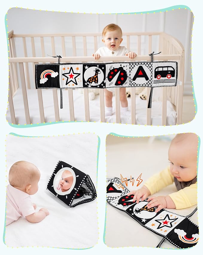 Melican 3 PCS Black and White High Contrast Baby Toys 0-3 Months for Newborn, Montessori Toys for Babies Sensory Soft Book for Early Education, Infant Tummy Time Toys 0 6 9 12 Months Baby Gifts