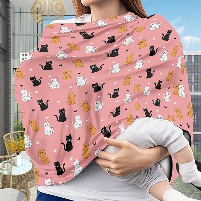 Forchrinse Cartoon Cat Print Baby Car Seat Canopy for Boys Girls -Soft Nursing Breastfeeding Cover Stroller Cover Baby Car Seat Cover for Cat’s Lover