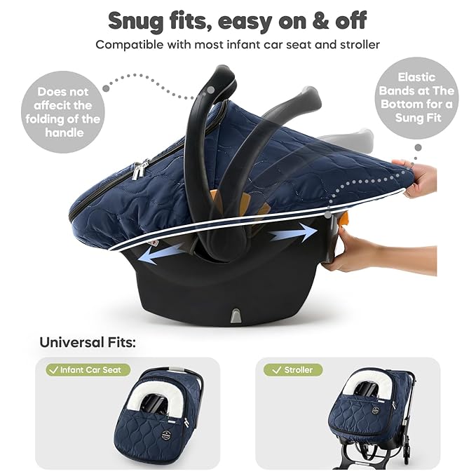 Winter Baby Car Seat Cover, Waterproof, Windproof Warm Winter Car Seat Cover for Doona Car Seats and Strollers,Fleece Breathable Car Seat Cover Baby with Full Zipper, Navy