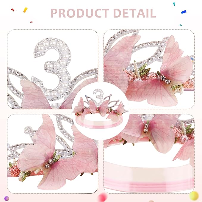 cherrboll Baby Girl Birthday Crown Floral Headband, Soft Flower Head Wrap Tiara Hairband for 1-3 Years Old Toddlers Kids 3rd Birthday Party Dress Photo Decoration