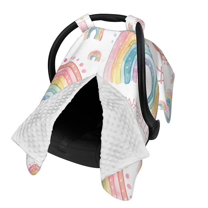 Personalized Baby Car Seat Cover Custom Name CarSeat Canopy Customized Rainbow Newborn Nursing Breastfeeding Cover Minky Baby Blanket Infant Car Seat Canopies for Baby Girls Boys